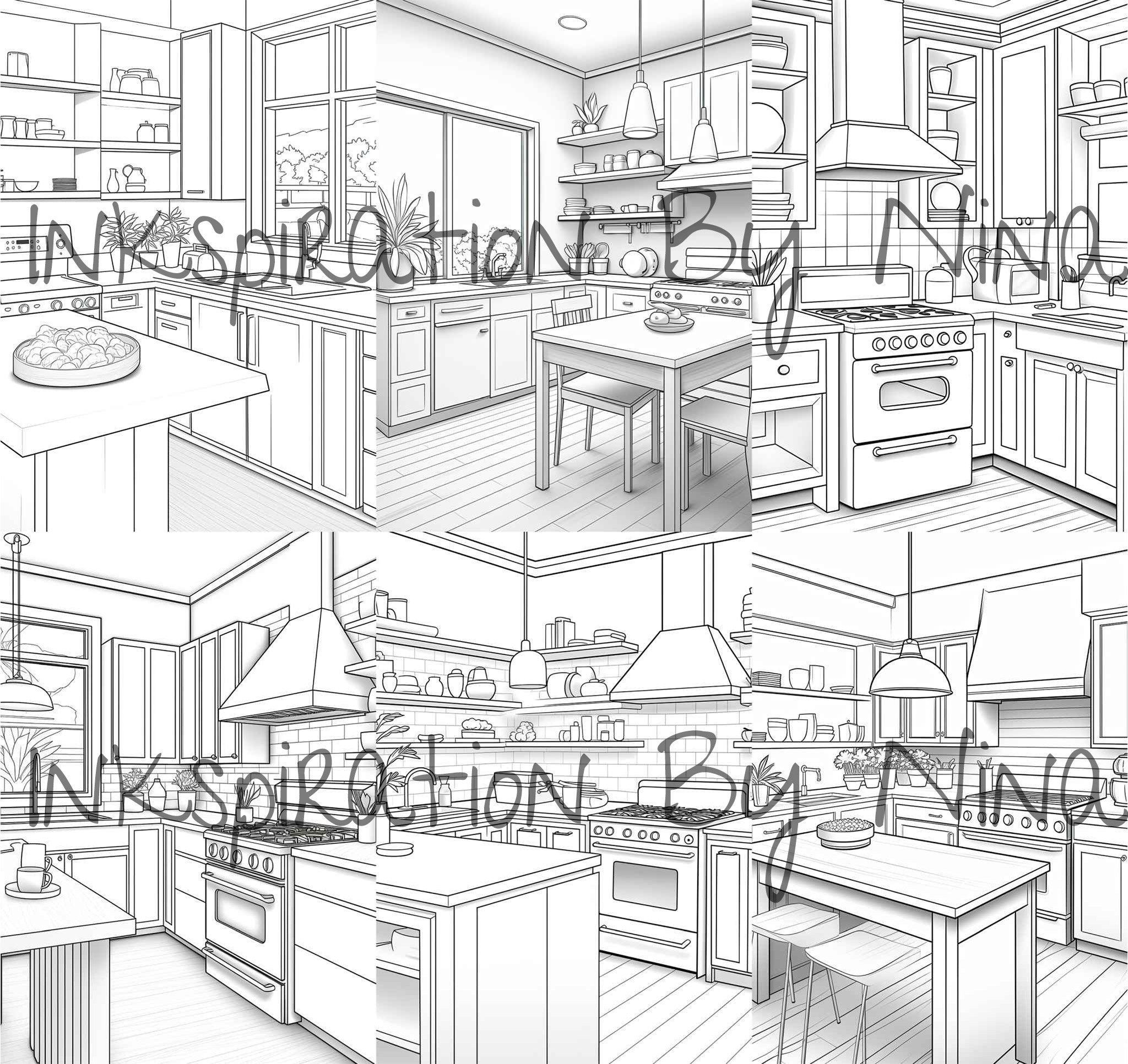 Minimalistic Kitchen Coloring Book, 24 Detail Greyscale Adult ...