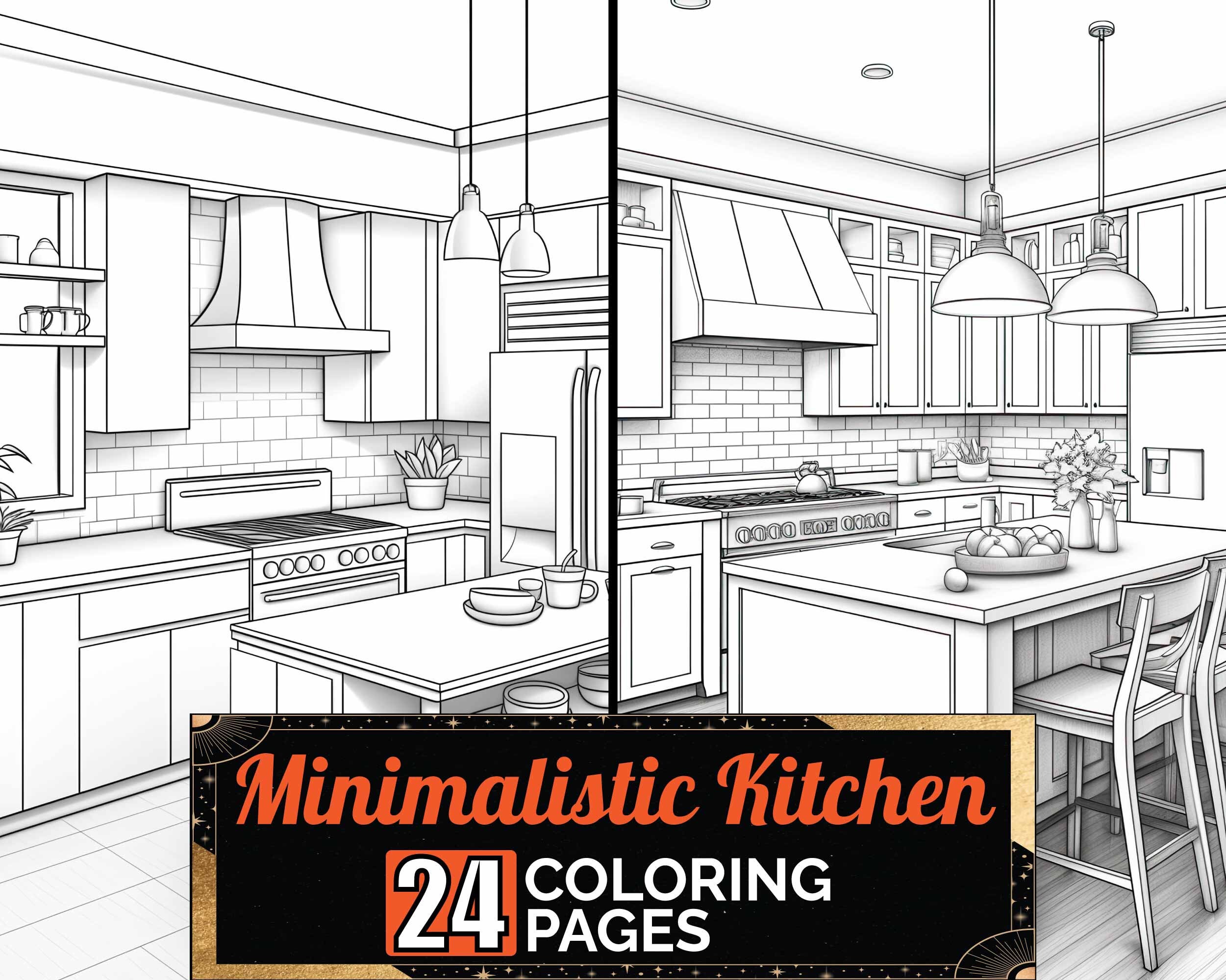 Minimalistic Kitchen Coloring Book, 24 Detail Greyscale Adult Architecture Colouring Page, A4 ...
