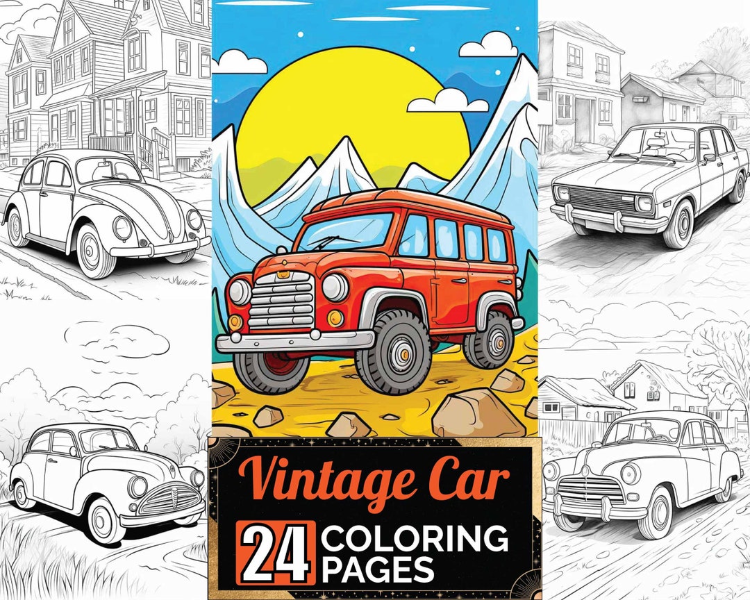 Vintage Car Coloring Book, 24 Greyscale Adult & Kids Detail Old Car ...