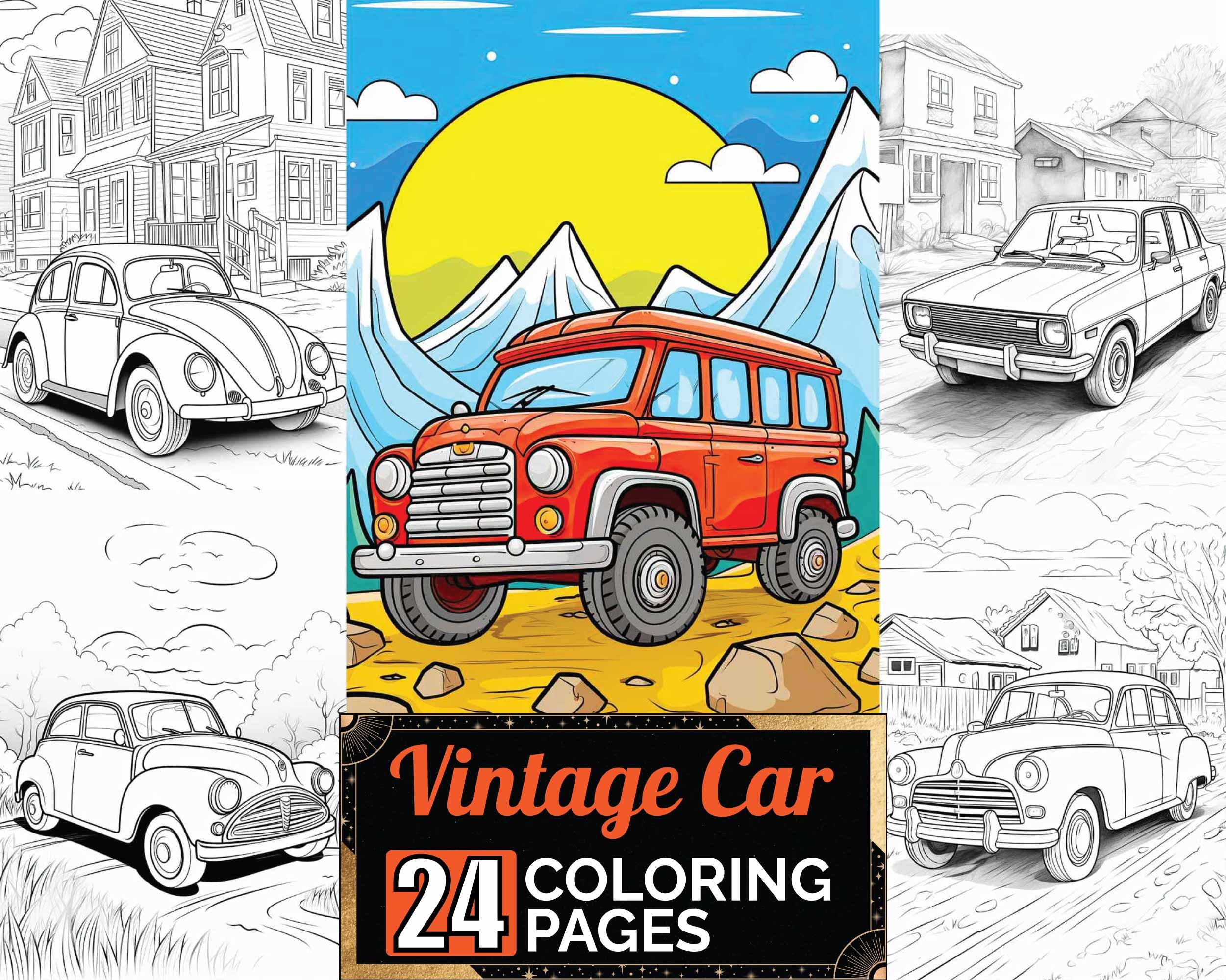 Vintage Car Coloring Book, 24 Greyscale Adult & Kids Detail Old Car ...