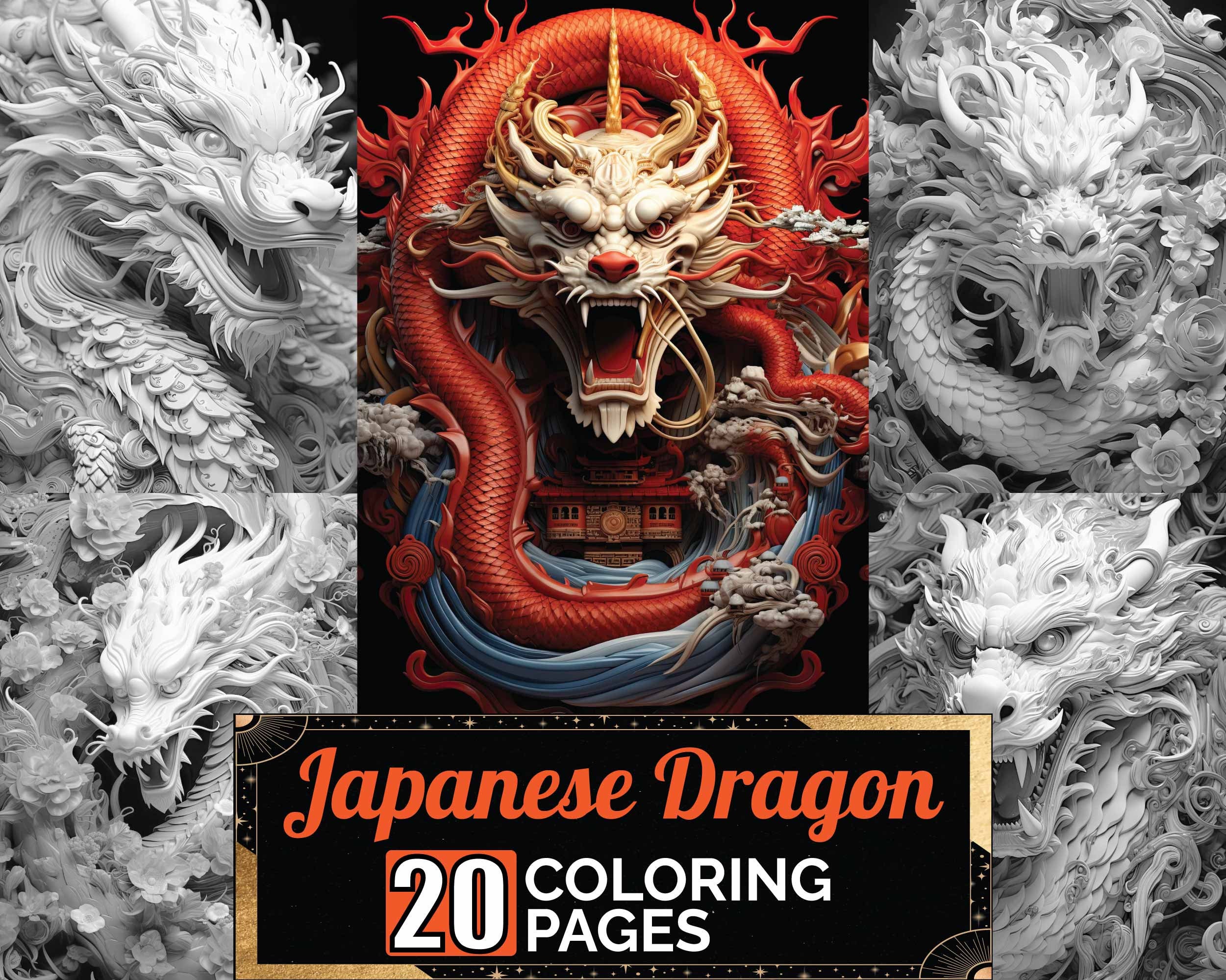 Wood Carved Japanese Dragon Coloring Pages, 20 Premium Adult Coloring ...