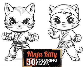 Ninja Kitty Coloring Book, 30 Detail Greyscale Adult & Kids Cute Cat Animal Colouring Pages, A4 Size Sheet, Printable Digital PDF Download