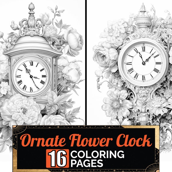 Ornate Clock In Flowers Coloring Book, 16 Detail Greyscale Adult & Kids Flower Colouring Page, A4 Sheet, Printable Digital PDF Download