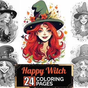 Happy Beautiful Witch Coloring Pages, 24 Premium Adult Kids Halloween Coloring Sheets, Coloring Book A4 Size, Printable Digital PDF Download