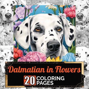 Dalmatian In Flowers Coloring Pages, 20 Premium Coloring Sheets, Coloring Book A4 Size, Printable Digital PDF Download, Dalmatian Dog Theme