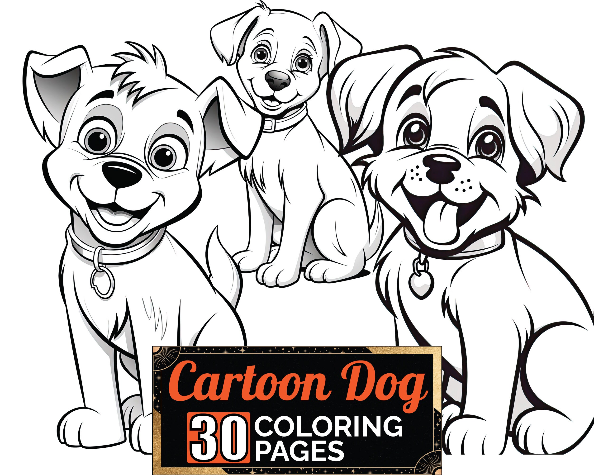 Cartoon Dog Coloring Book, 30 Detail Greyscale Adult & Kids Cute Dog ...