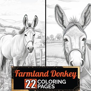 Farmland Donkey Coloring Book, 22 Greyscale Adult & Kids Farm Animal Detail Colouring Page, A4 Size Sheet, Printable Digital PDF Download