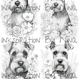 Miniature Schnauzer Flowers Coloring Book, 20 Detail Greyscale Adult ...