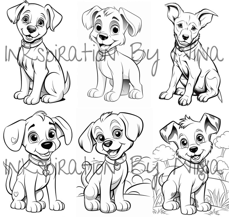 Cartoon Dog Coloring Book, 30 Detail Greyscale Adult & Kids Cute Dog