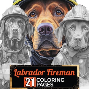 Labrador Retriever Fireman Coloring Book, 21 Detail Greyscale Adult & Kids Dogs Colouring Page, A4 Sheet, Printable Digital PDF Download
