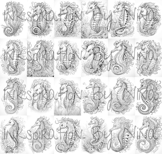 Seahorse Mandala Coloring Book, 24 Detail Greyscale Adult