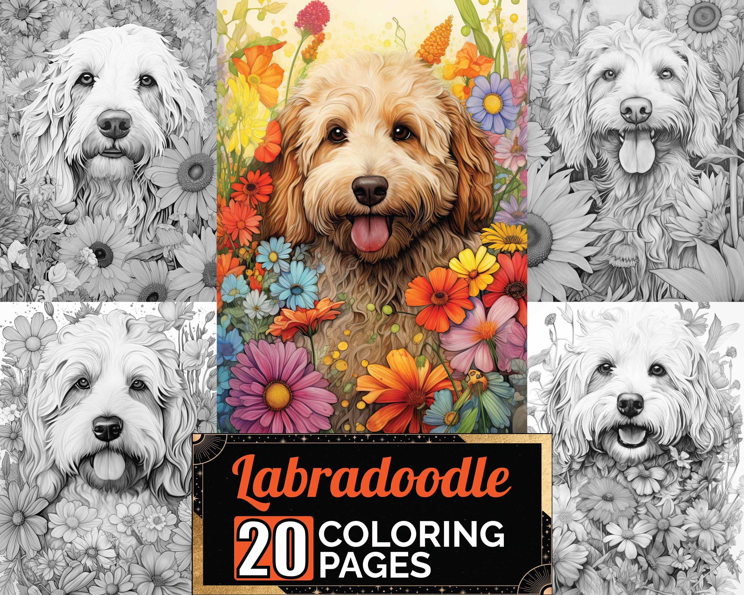Labradoodle Dog in Flowers Coloring Pages, 20 Premium Adult & Kids