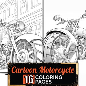 Kolorowanka motocyklowa z kreskówek, 16-szczegółowa strona do kolorowania dla dorosłych i dzieci w skali szarości, arkusz w formacie A4, do wydrukowania w formacie PDF