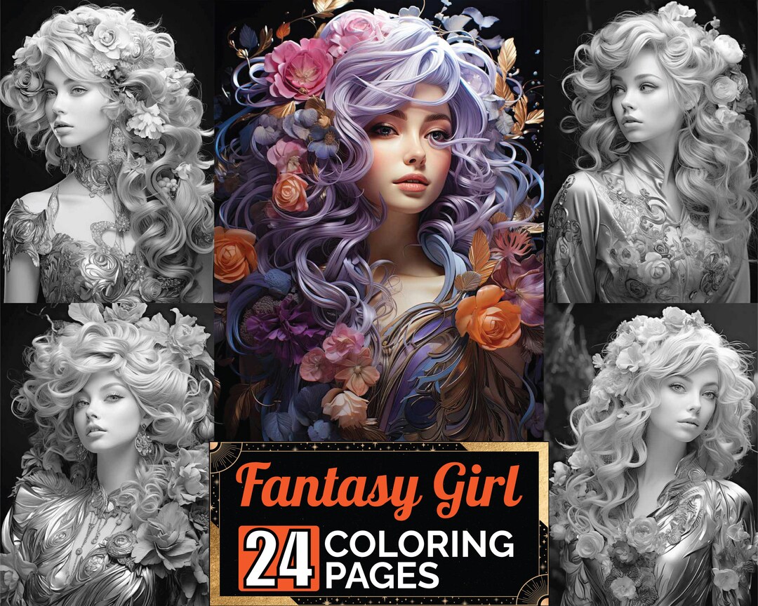 Fantasy Girl Coloring Book, 24 Premium Adult & Kids Beautiful Woman ...