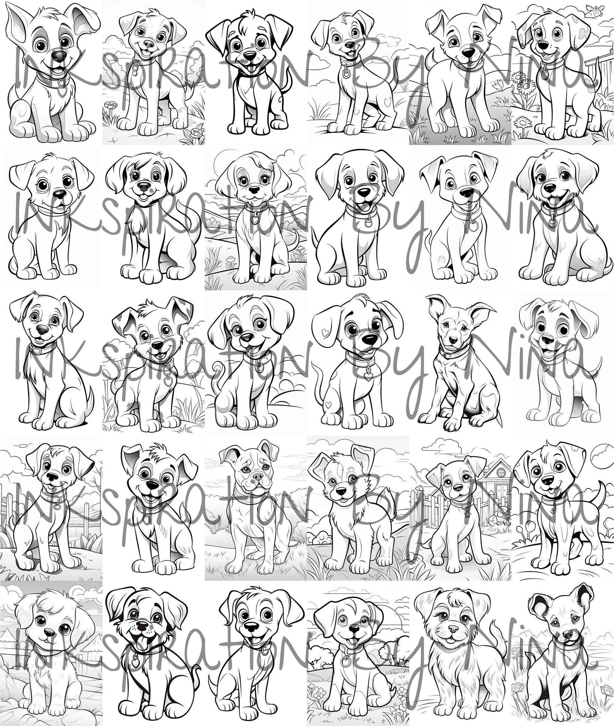 Cartoon Dog Coloring Book, 30 Detail Greyscale Adult & Kids Cute Dog