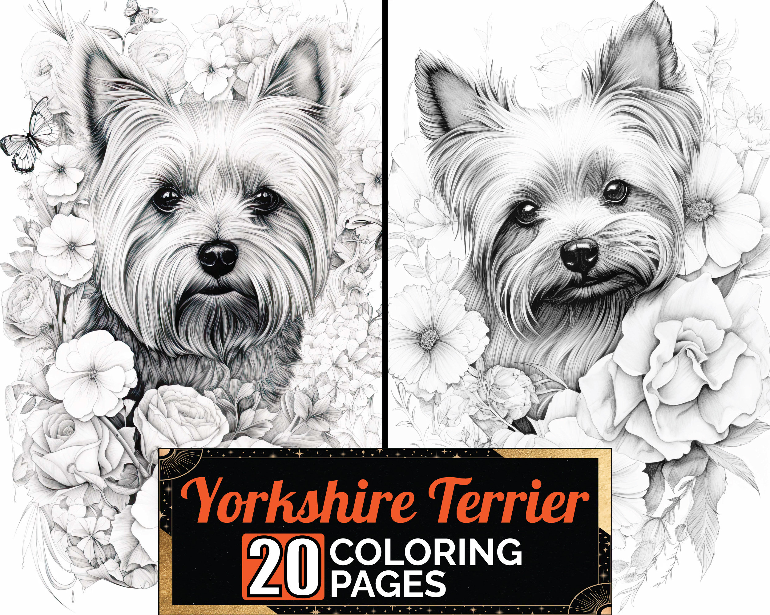 Yorkshire Terrier In Flowers Coloring Book, 20 Detail Greyscale Adult & Kids Cute Dog Page, A4 Size Sheet, Printable Digital PDF Download