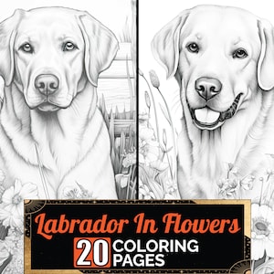 Labrador Retriever In Flowers Coloring Pages, 20 Premium Coloring Sheets, Adult & Kids Coloring Book A4 Size Instant Digital PDF Download