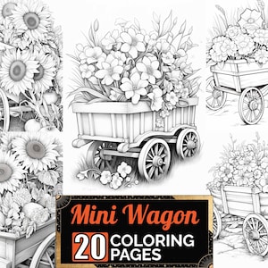 ミニフラワーワゴンぬり絵ページ、大人と子供用のプレミアムぬり絵シート 20 枚、A4 サイズのぬり絵ブック、印刷可能なデジタル PDF ダウンロード、フローラル カート