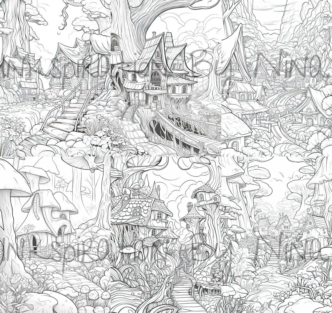Magical Hidden Fairy Village Coloring Pages 22 Premium Adult Etsy