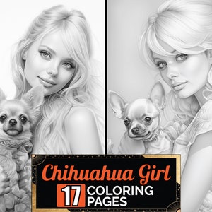 Girl With Chihuahua Coloring Book, 17 Detail Greyscale Adult & Kids Cute Dog Colouring Page, A4 Size Sheet Printable Digital PDF Download