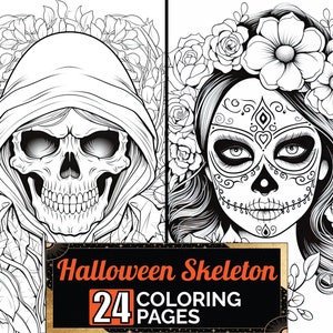 Artistic Halloween Skeleton Coloring Book, 24 Premium Adult & Kids Halloween Coloring Pages, A4 Size Sheet, Printable Digital PDF Download