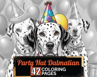 Party Hat Dalmatian Coloring Book, 42 Detail Greyscale Adult & Kids Cute Dog Colouring Page, A4 Size Sheet, Printable Digital PDF Download