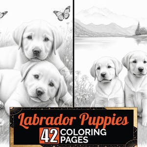 Labrador Retriever Puppies Coloring Book | 42 Detailed Greyscale Adult & Kids Dog Colouring Pages | A4 Sheet Printable Digital PDF Download