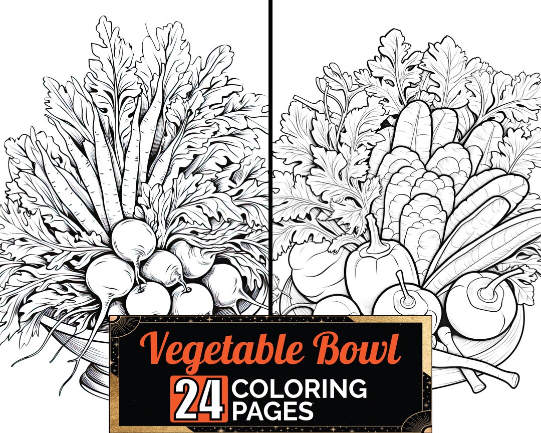 Vegetable Bowl Coloring Book, 24 Detail Greyscale Adult & Kids Farming ...