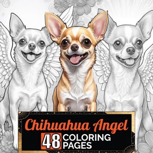 Chihuahua Angel With Wings Coloring Book, 48 Detail Greyscale Adult & Kids Dog Colouring Page, A4 Size Sheet Printable Digital PDF Download