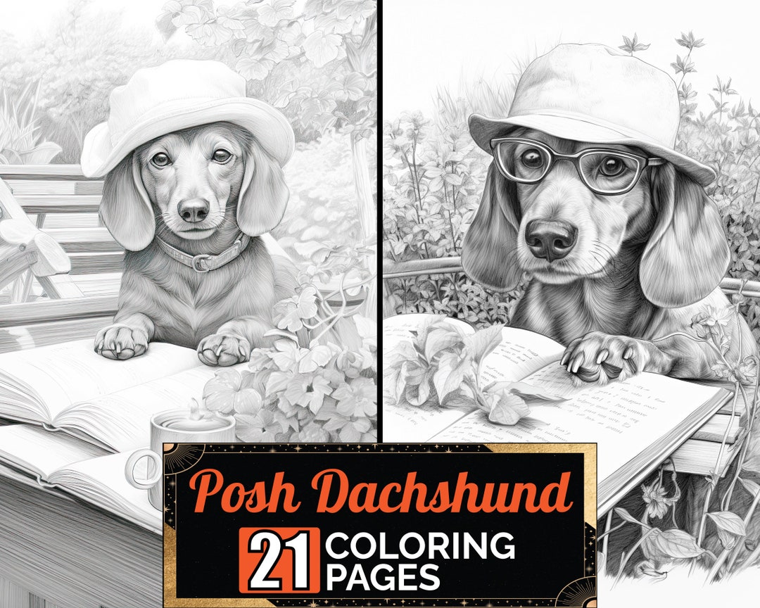 Garden Dachshund Reading Book Coloring Book, 21 Detail Greyscale Adult ...