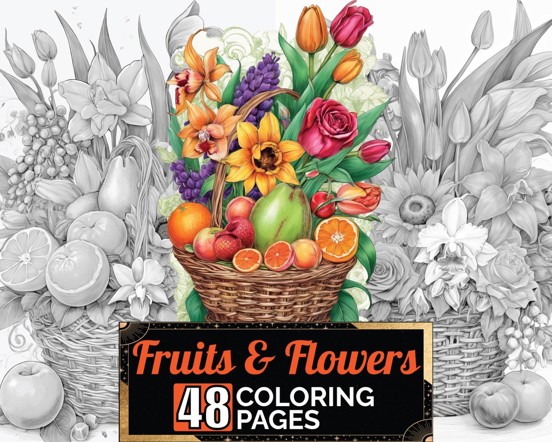 Fruits and Flowers Coloring Book, 48 Detail Greyscale Adult & Kids ...