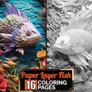 Paper Layer Fish Coloring Book, 16 Premium Adult Kids Underwater Animal Theme Coloring Sheets, A4 Size Page, Printable Digital PDF Download