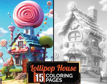 Lollipop Candy House Coloring Pages, 12 Premium Coloring Sheets, Adult & Kids Coloring Book A4 Size, Printable Digital PDF Download