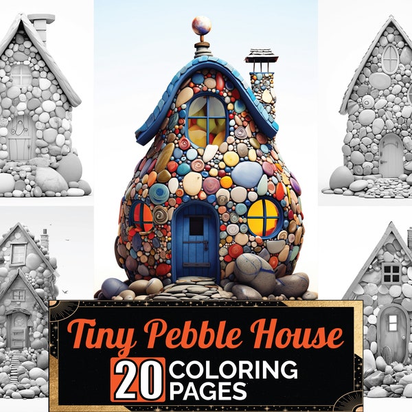 Tiny Pebble House Coloring Book, 20 Detail Greyscale Adult & Kids Fantasy Colouring Page, A4 Size Sheet, Printable Digital PDF Download