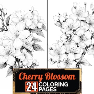 桜の季節の塗り絵、24 枚の詳細なグレースケールの大人と子供向けの花の塗り絵ページ、A4 サイズ シート、印刷可能なデジタル PDF ダウンロード