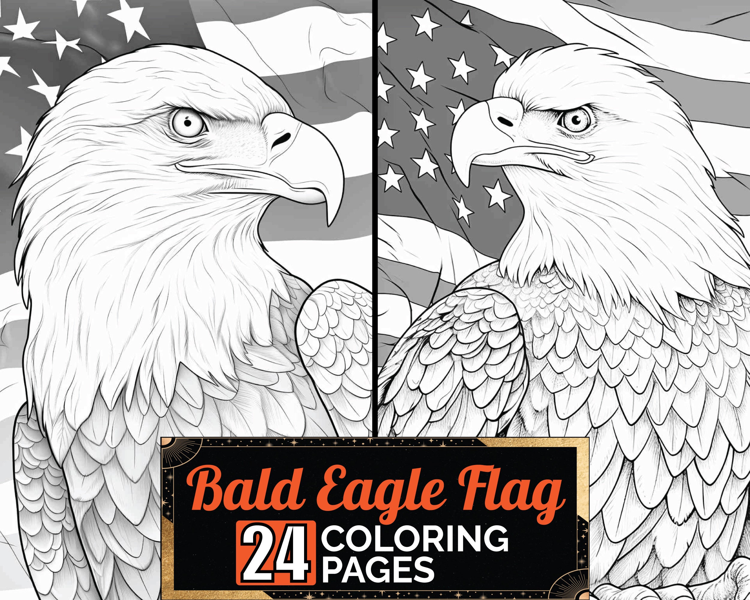 Bald American Eagle Flag Coloring Book, 24 Detail Greyscale Adult Kids