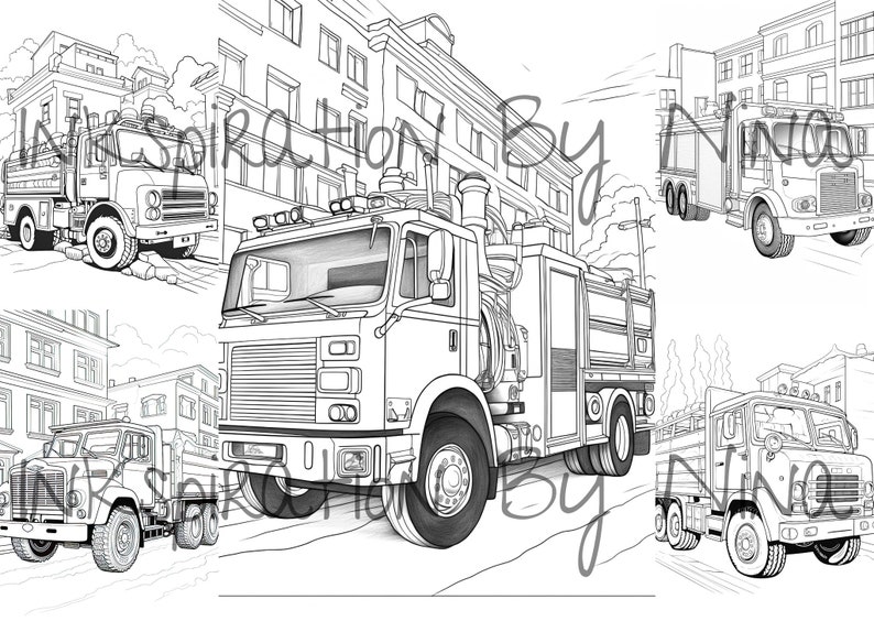 Vintage Fire Truck in City Coloring Book, 28 Detail Greyscale Adult & Kids Colouring Page, A4 ...