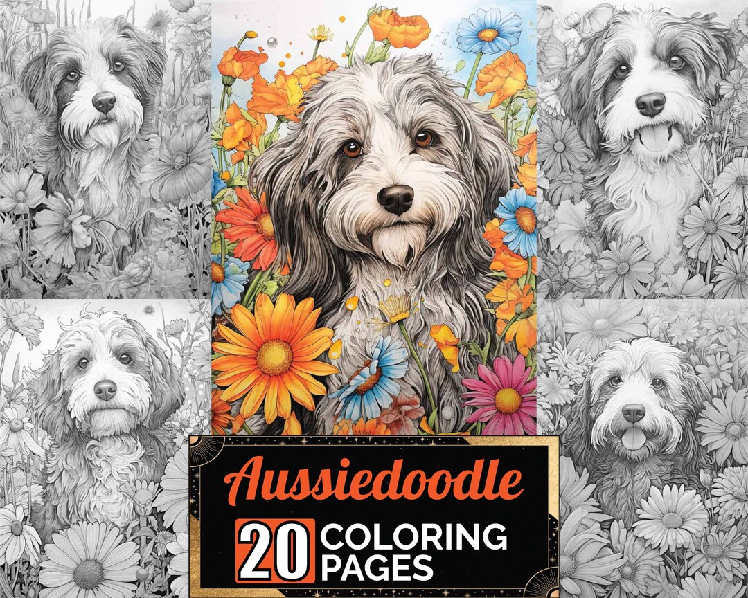 Aussiedoodle in Flowers Coloring Pages, 20 Premium Adult & Kids Dog