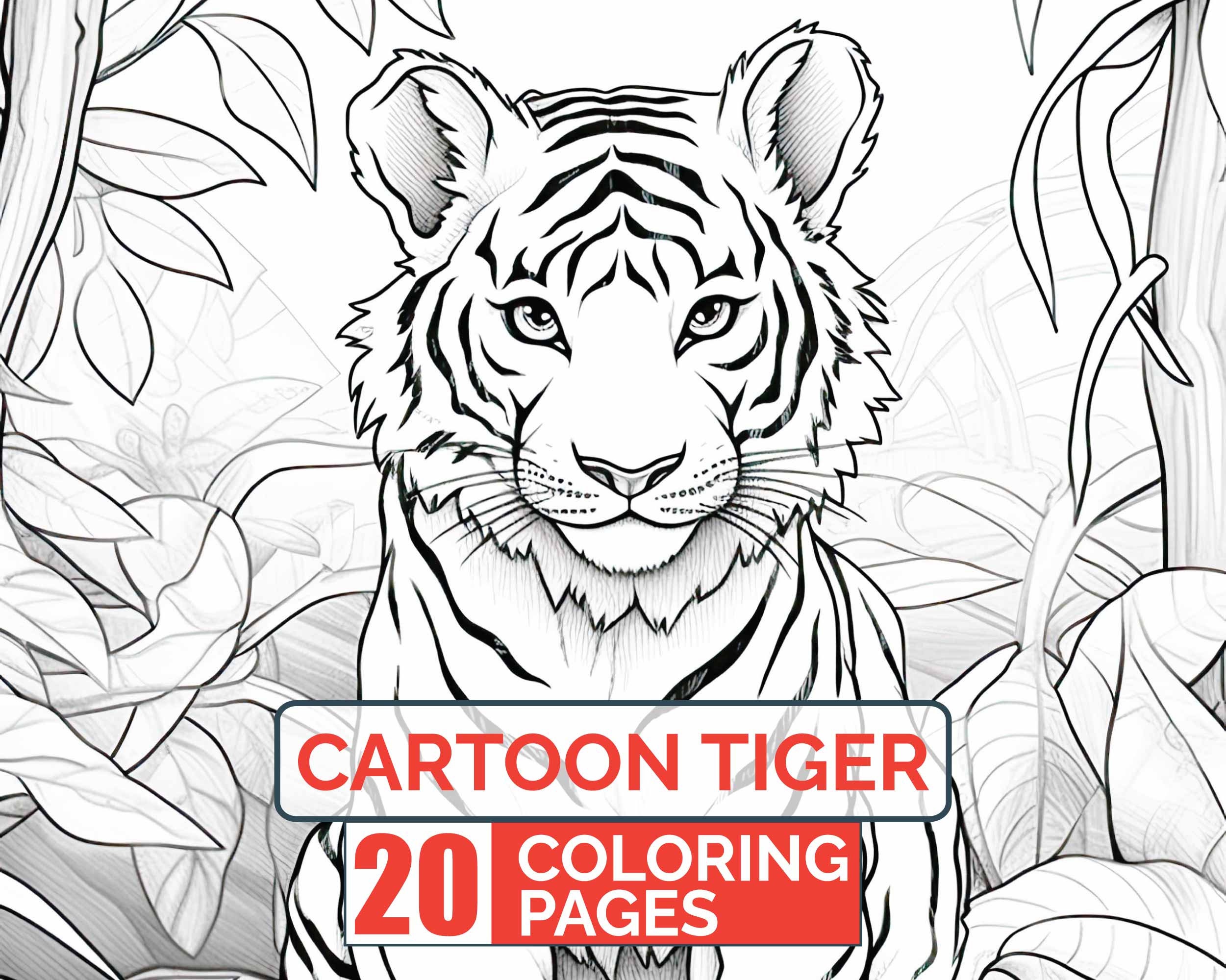 Cartoon Tiger Coloring Pages, 20 Premium Coloring Sheets, Adult & Kids Coloring Book A4 Size Instant Digital PDF Download