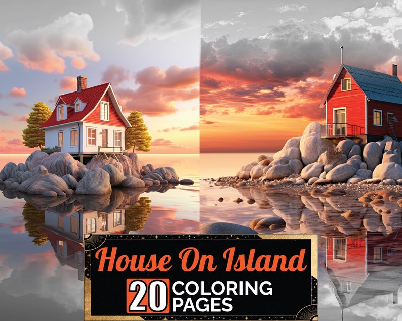 Scandinavian House on Island Coloring Book, 20 Detail Greyscale Adult ...