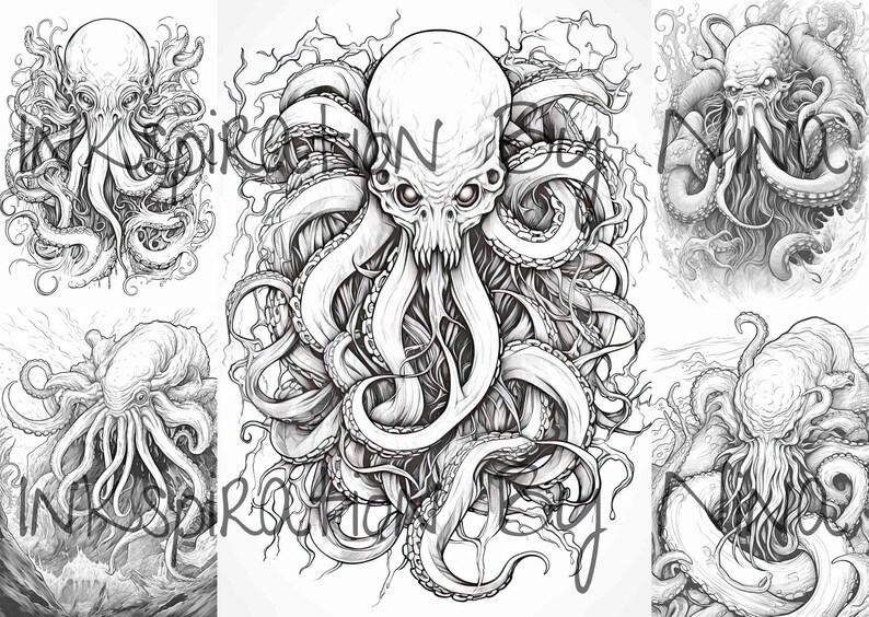 Tentacular Rumble Colouring In Cthulhu Tentacle Sea Monster Coloring Book, 16 Detail Greyscale Adult ...