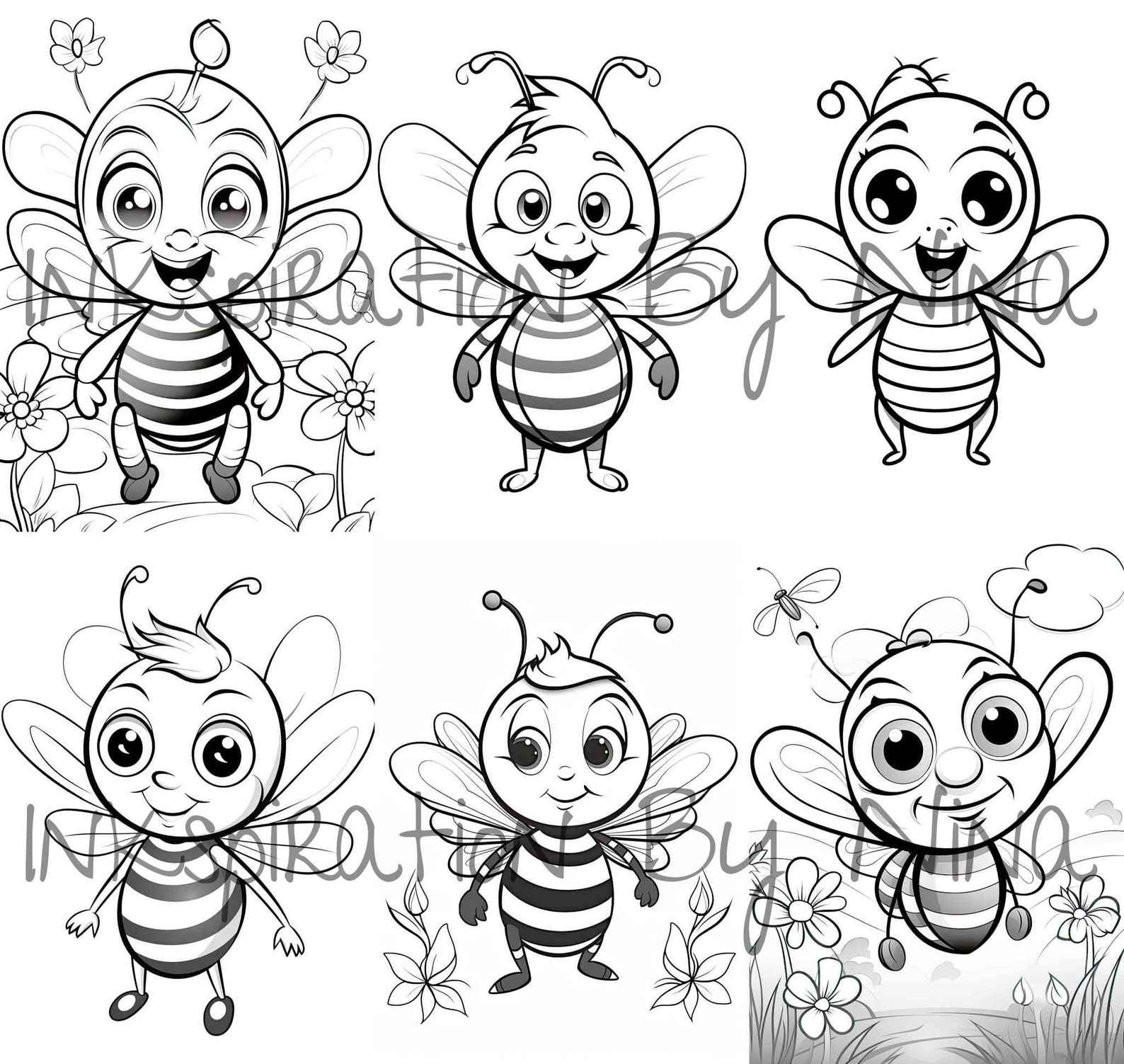 Cute Little Honey Bee Coloring Book, 30 Detail Greyscale Adult & Kids ...