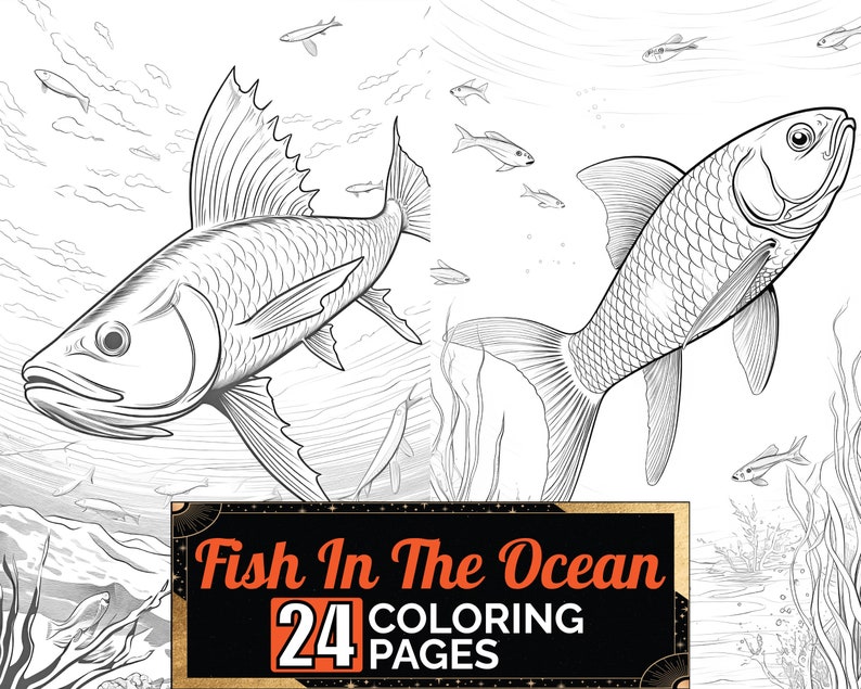 Fish in the Ocean Coloring Book, 24 Detail Greyscale Adult & Kids Water ...