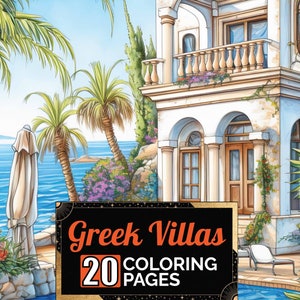 Mediterranean Greek Villas Coloring Pages, 20 Premium Coloring Sheets, Adult & Kids Coloring Book A4 Size, Printable Digital PDF Download