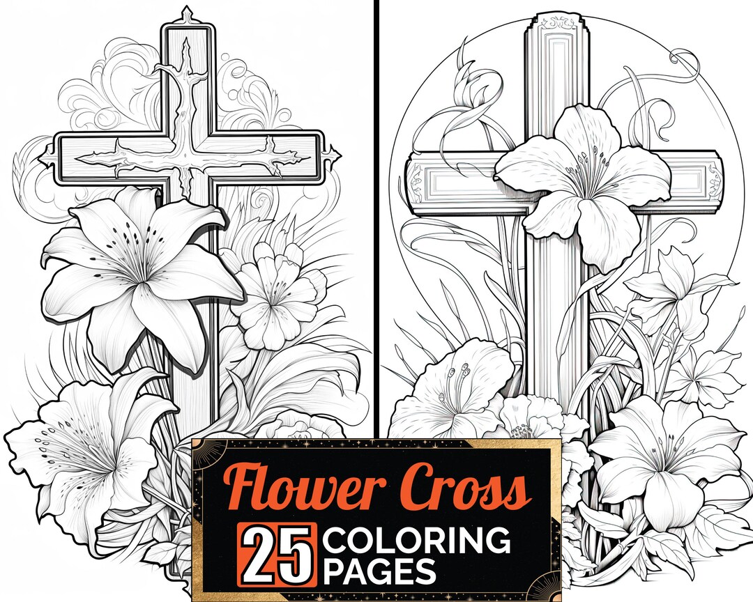 Flower Cross Coloring Book, 25 Detail Greyscale Adult & Kids Floral ...