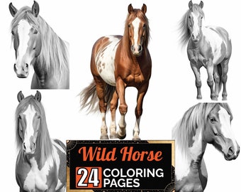 Wild Brown White Horse Coloring Pages, 24 Premium Adult Coloring Sheets, Coloring Book A4 Size, Printable Digital PDF Download, Animal Theme
