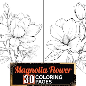 Livro para colorir de flores de magnólia, página para colorir de flores para adultos e crianças em escala de cinza com 30 detalhes, folha tamanho A4, download de PDF digital para impressão