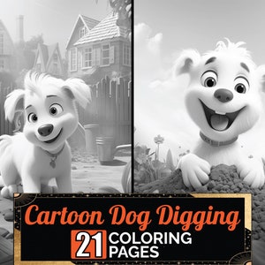 Cartoon Dog Digging Ground Coloring Book, 21 Detail Greyscale Adult & Kids Dogs Colouring Page, A4 Sheet, Printable Digital PDF Download