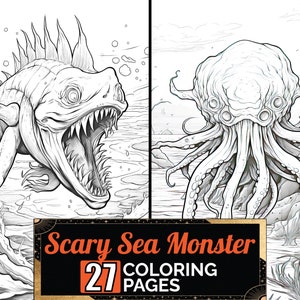 Scary Sea Monster Coloring Book, 27 Detail Greyscale Adult & Kid Sea Animal Colouring Page, A4 Size Sheet Printable Digital PDF Download