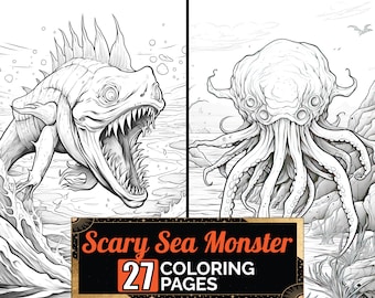 Scary Sea Monster Coloring Book, 27 Detail Greyscale Adult & Kid Sea Animal Colouring Page, A4 Size Sheet Printable Digital PDF Download